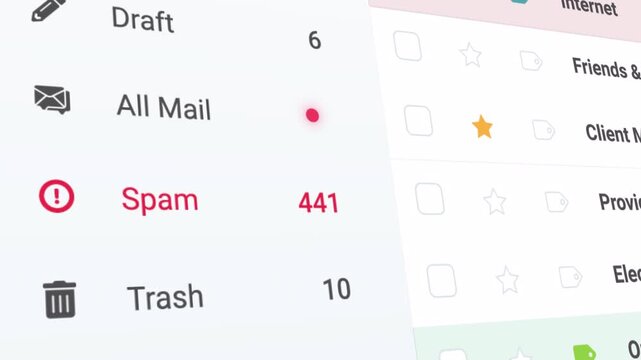 Close-up shot of Email Spam Folder with High Message count. Incoming spam mail.