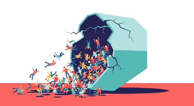 Overwhelmed Society Falling Out of Broken Container