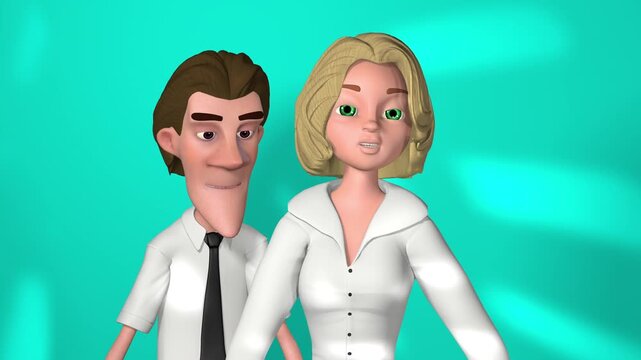 3d animation, one cartoon character speaking face camera and one another cartoon character waiting near a blue background