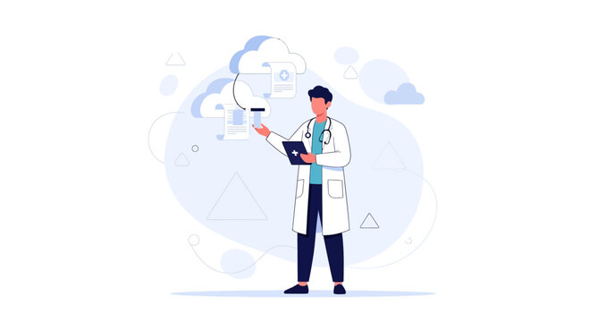 Doctor using tablet for cloud data analysis in modern healthcare technology concept