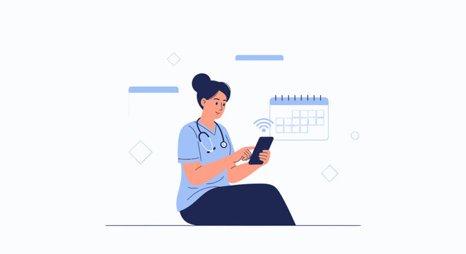 Doctor using tablet for online appointment scheduling with calendar icon and wifi symbol