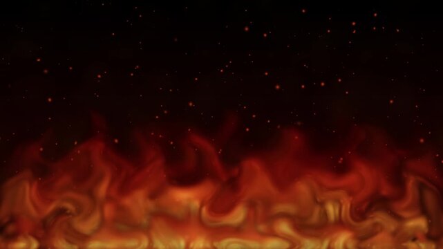 Abstract burning wall of fire with rising glowing sparks and smoke on dark background.