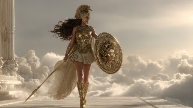 Greek mythology goddess. A detailed digital artwork depicts a female warrior in a dynamic pose. She wears a golden armor with intricate designs, a flowing skirt, and kneehigh boots. Her long.