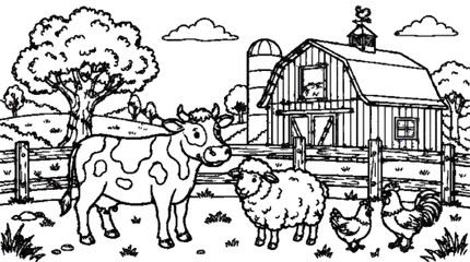 Obraz premium farm animals group with cow sheep chicken, barn and fence detailed, coloring page outline drawing