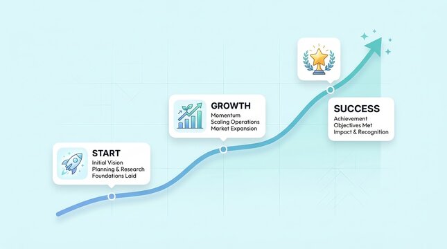 Business roadmap visualization shows three distinct stages of corporate expansion starting with research and moving through operational scaling to final achievement marked by a golden star accolade.