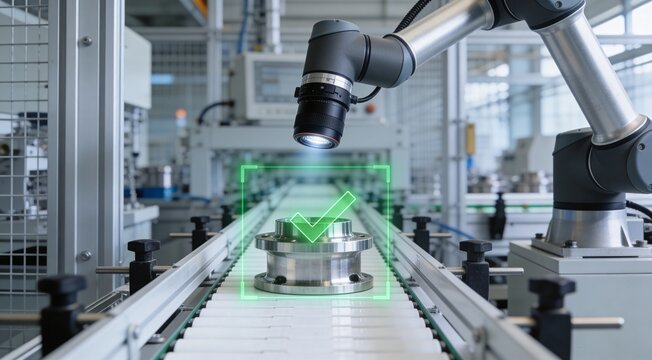 Industrial machine vision quality inspection system scanning a metal part on a conveyor belt with approval check overlay, smart factory automation concept, and wide copy space