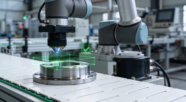 Automated visual inspection for precision manufacturing with a machine vision lens, metallic component on a white conveyor, pass status overlay, and modern industrial copy space