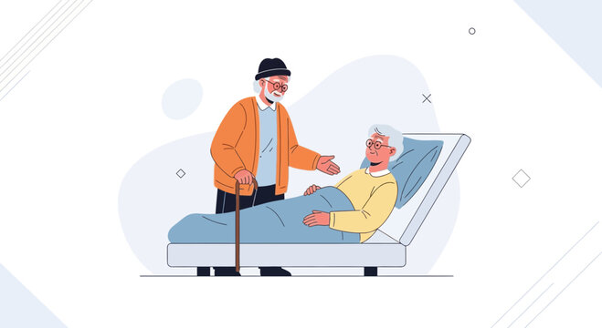 Elderly man visiting sick friend in hospital bed, care and support concept