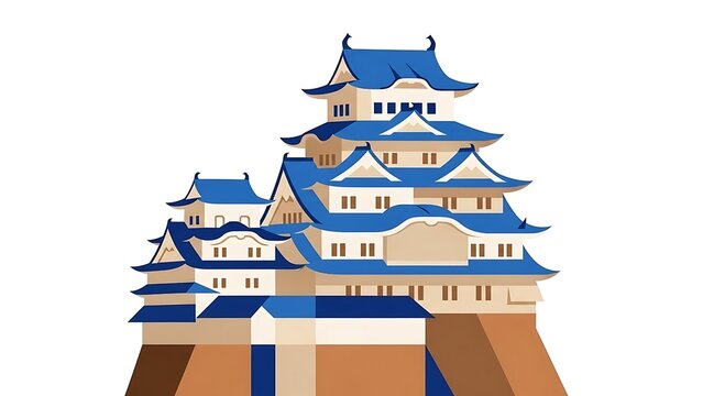 A traditional Japanese castle illustration with multiple tiers and blue roofs, set against a white background