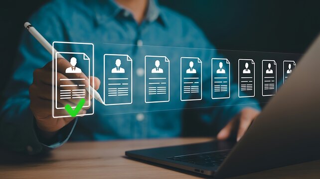 Person selecting a candidate with a digital pen evaluating potential job applicants resumes for recruitment