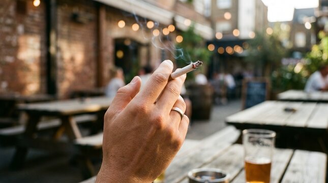 A person's hand holding a lit cigarette with smoke rising, sitting at an outdoor pub table with a beer and ashtray in a social setting.