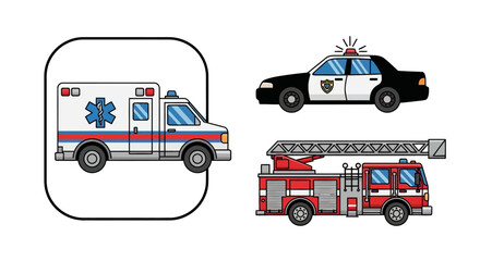 Set of cartoon emergency vehicles including ambulance, police car, and fire truck © Trimo