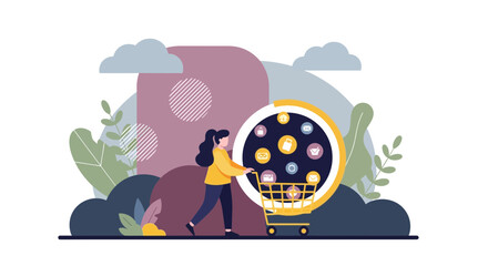 Fototapeta premium Online Shopping Experience Flat Vector Illustration of Woman with Cart