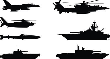 Detailed black silhouettes of military vehicles and vessels including aircraft, helicopter, submarine, battleship, and tank for defense concepts © Arif Creatives