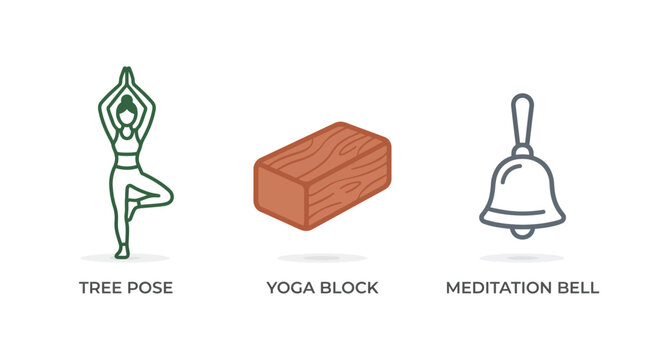 Yoga essentials icon set featuring tree pose, wooden block and meditation bell for zen practice.