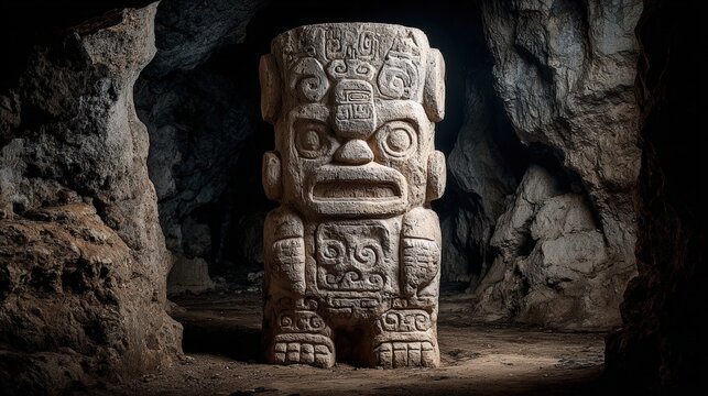 Maya Aztec civilization, Mexico culture. Mysterious, fantasy. A stone carving of a human figure stands in a cavern. The figures face is intricately carved with symbols, including a prominent nose.