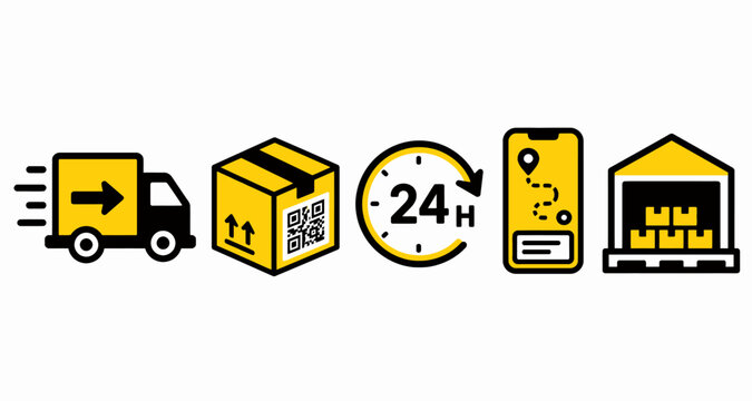 Delivery Service Icons Truck Box 24h Clock Map App Warehouse vector icon set business minimalist fla