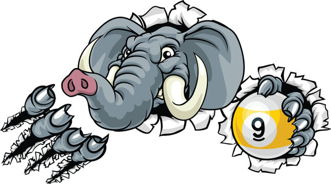 Elephant nine ball pool billiards sports mascot holding a 9 ball cartoon illustration