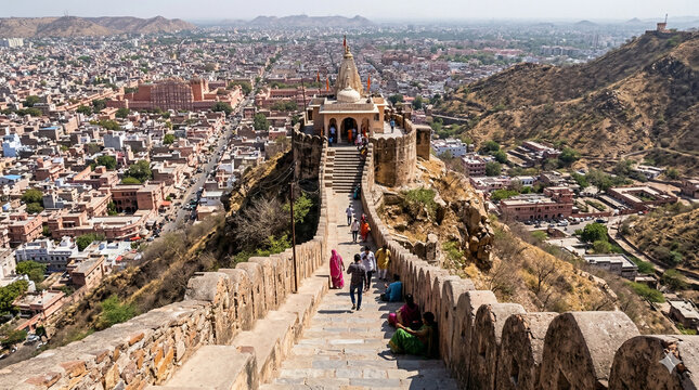 Garh Ganesh Temple Jaipur Hilltop Temple Nahargarh Fort View Staircase Pink City Landscape Rajasthan Real Scene