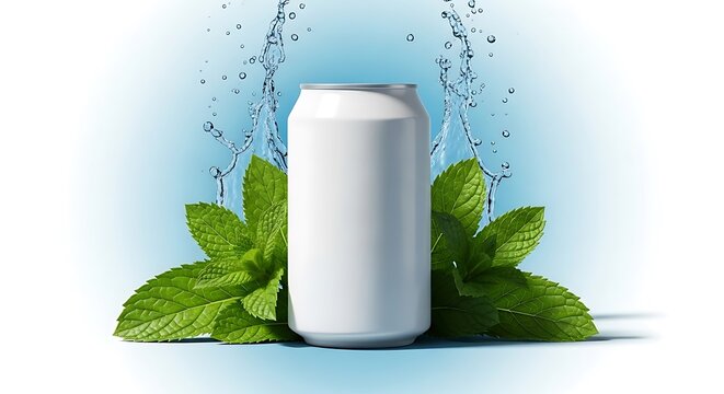 White soda can with mint leaves and water splashes