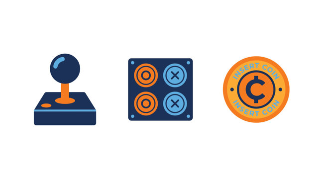 Retro arcade game elements including a joystick, button panel, and an insert coin token icon set