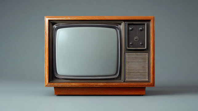 Classic cathode ray television receiver with empty gray screen on neutral background