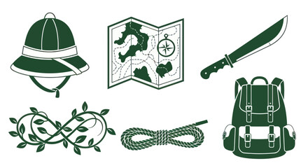 Adventure Travel Gear Icons: Map, Machete, Backpack, Helmet, Rope, Vines © edur