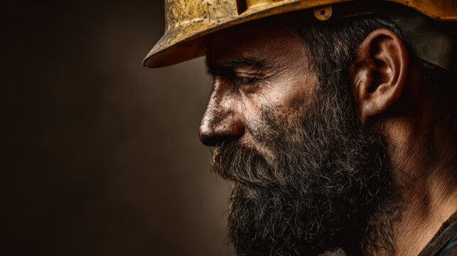 Manual laborer working hard with focus and determination in close-up profile shot
