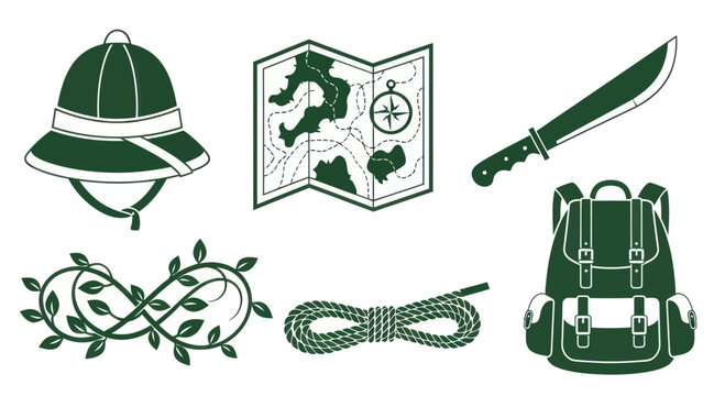 Adventure Travel Gear Icons: Map, Machete, Backpack, Helmet, Rope, Vines