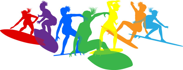 Naklejka premium Surfer surfboard boarding female surfers surfing colorful silhouette outlines. Women surf group design concept.