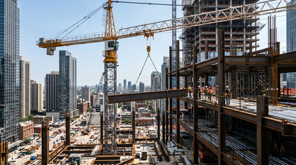 Naklejka premium Tower crane lifting steel I-beam at high-rise construction representing structural steel and high-rise construction