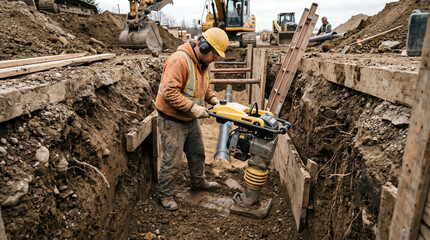Fototapeta premium Vibratory compactor compacting backfill in trench representing site work, soil compaction, and utility installation
