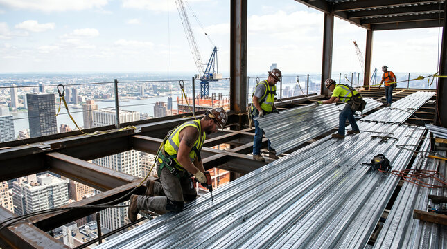 Workers installing corrugated steel decking on high-rise floor representing structural deck, composite construction, and floor system