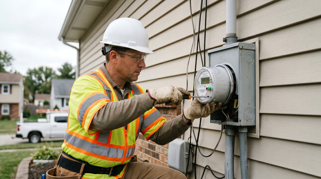 Utility worker installing digital smart electric meter on home representing smart grid, utility metering, and energy infrastructure