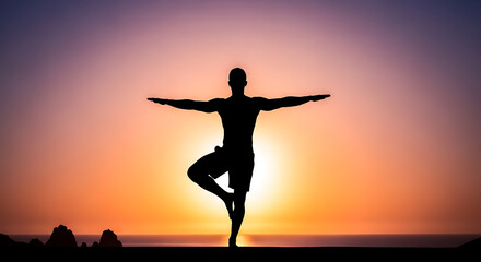 Fototapeta premium Man doing yoga tree pose silhouette at sunset beach