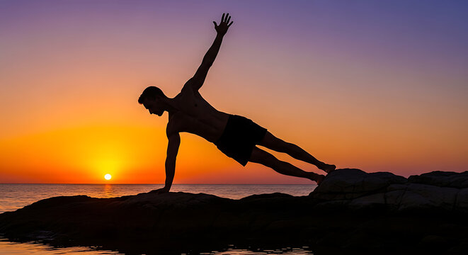 Man doing side plank exercise on beach at sunset