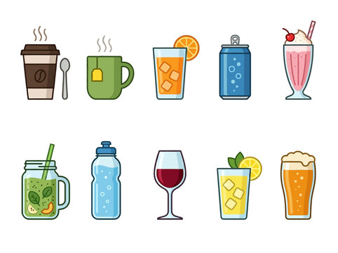 Vector food and drink assortment for diverse refreshment needs