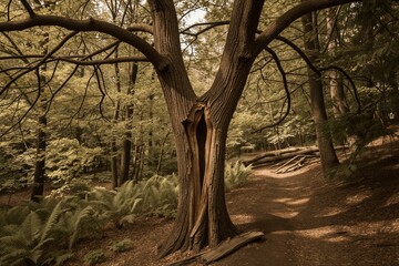 Fototapeta premium A serene forest scene features a distinctive Y-shaped tree trunk surrounded by warm earth tones and late afternoon lighting.