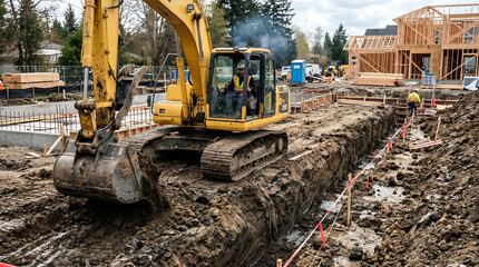 Fototapeta premium Yellow excavator digging foundation trench representing earthworks, civil engineering, and site preparation