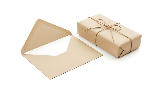 Brown kraft gift box and envelope with string bow