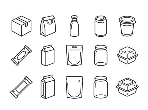 Vector food packaging icons for delivery and takeaway, showcasing variety of containers and wrappers