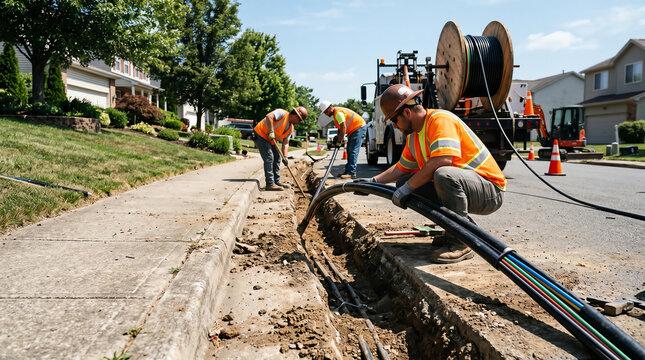 Fiber optic conduit being laid in sidewalk trench representing telecom infrastructure, broadband, and utility installation