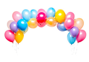 Colorful balloon arch in pink blue yellow and orange, party celebration decor isolated on transparent background PNG © EDRHIM