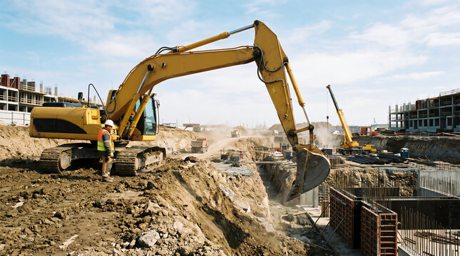 Large crawler excavator with extended arm at construction site representing heavy excavation and major civil works