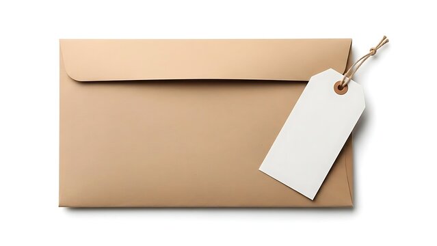 A simple brown envelope with a white tag attached by a string, ready for mailing