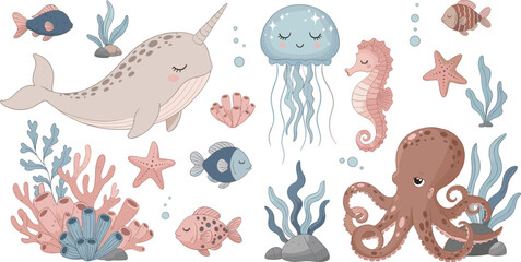 Cute underwater sea animals vector set with whale octopus jellyfish seahorse and fish, pastel ocean creatures collection for kids illustration design © Yevhenii creative