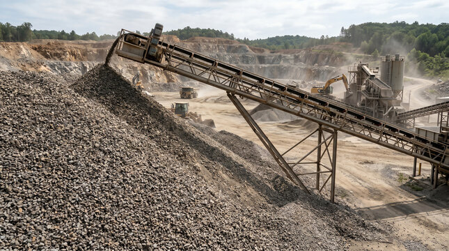 Crushed gravel aggregate pile at quarry with conveyor representing aggregate supply, mining, and construction materials