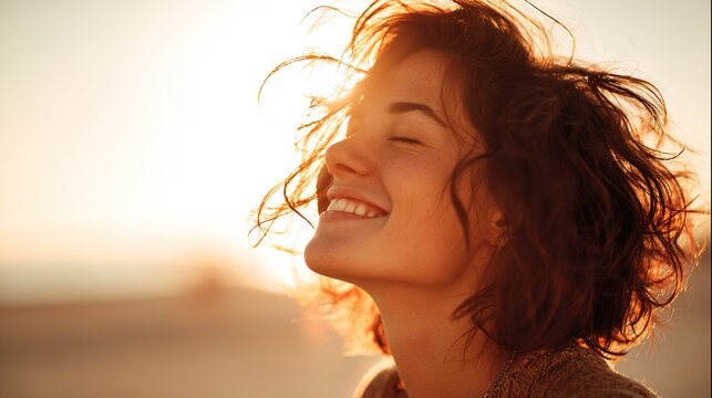 upper. A joyful individual basking in warm golden light, radiating happiness and appreciation. wellbeing guides, coaching materials, designed for coaching and self-improvement content.
