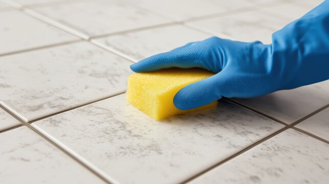 Hand in blue rubber glove cleaning white floor tiles with yellow sponge.