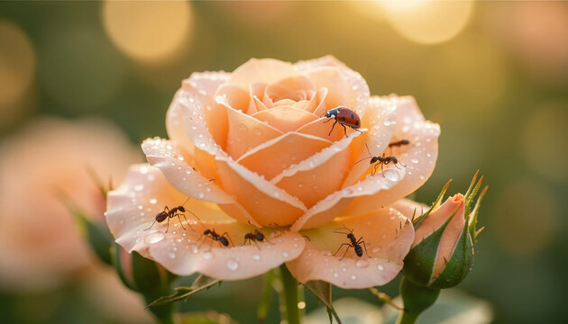 A close-up, macro photograph of a dew-kissed peach-colored rose, adorned with several small insects, including ladybugs and ants